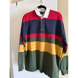 Lands End Collared Long Sleeve Polo Rugby Shirt Striped 100% Cotton Mens Large
